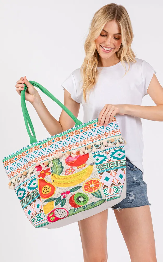 MB0306 FRUIT BOHO PRINT POM POM FRINGE TOTE BAG