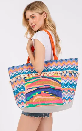 MB0307 BOHO PRINT POM POM FRINGE TOTE BAG