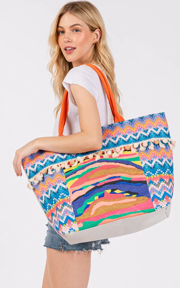 MB0307 BOHO PRINT POM POM FRINGE TOTE BAG