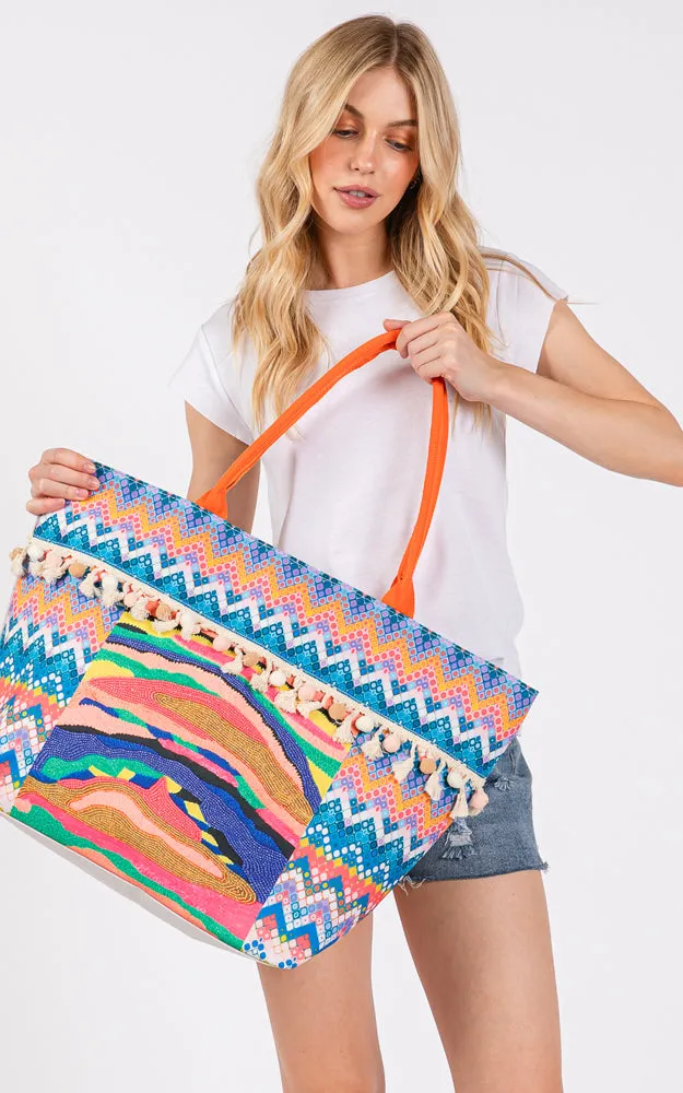 MB0307 BOHO PRINT POM POM FRINGE TOTE BAG