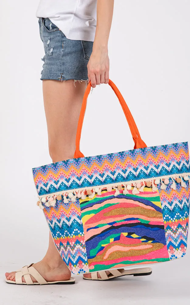 MB0307 BOHO PRINT POM POM FRINGE TOTE BAG