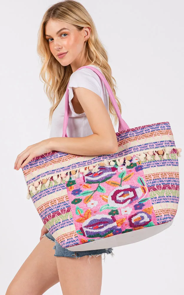 MB0308 BOHO FLOWER PRINT POM POM FRINGE TOTE BAG