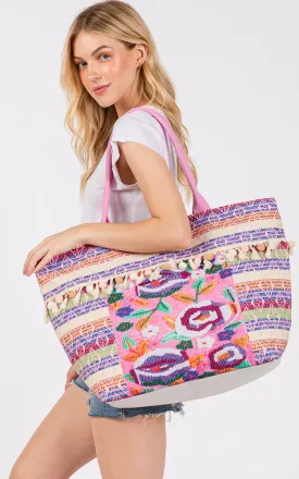 MB0308 BOHO FLOWER PRINT POM POM FRINGE TOTE BAG