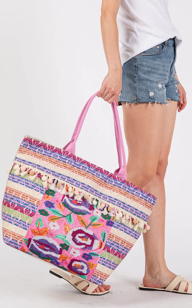 MB0308 BOHO FLOWER PRINT POM POM FRINGE TOTE BAG