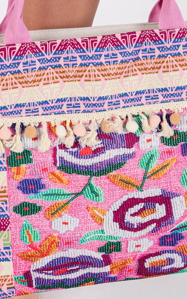 MB0308 BOHO FLOWER PRINT POM POM FRINGE TOTE BAG