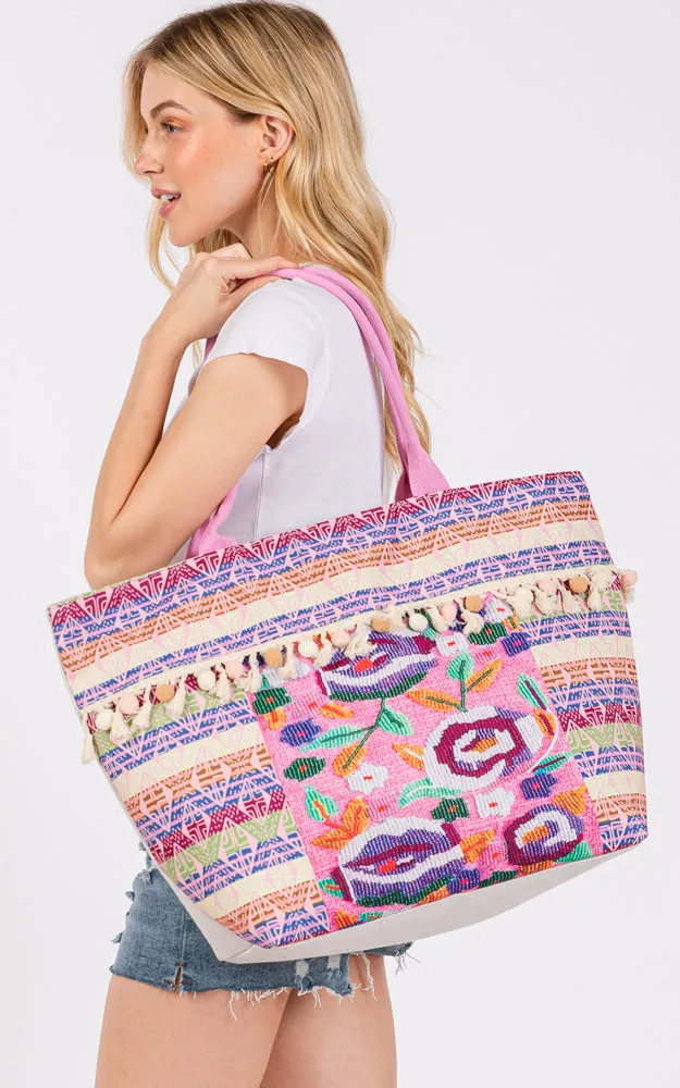 MB0308 BOHO FLOWER PRINT POM POM FRINGE TOTE BAG