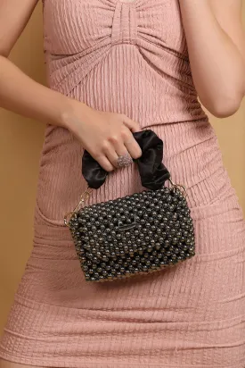 Mini Black Pearl Handbag with Satin Handle, Beaded Evening Bag for Women
