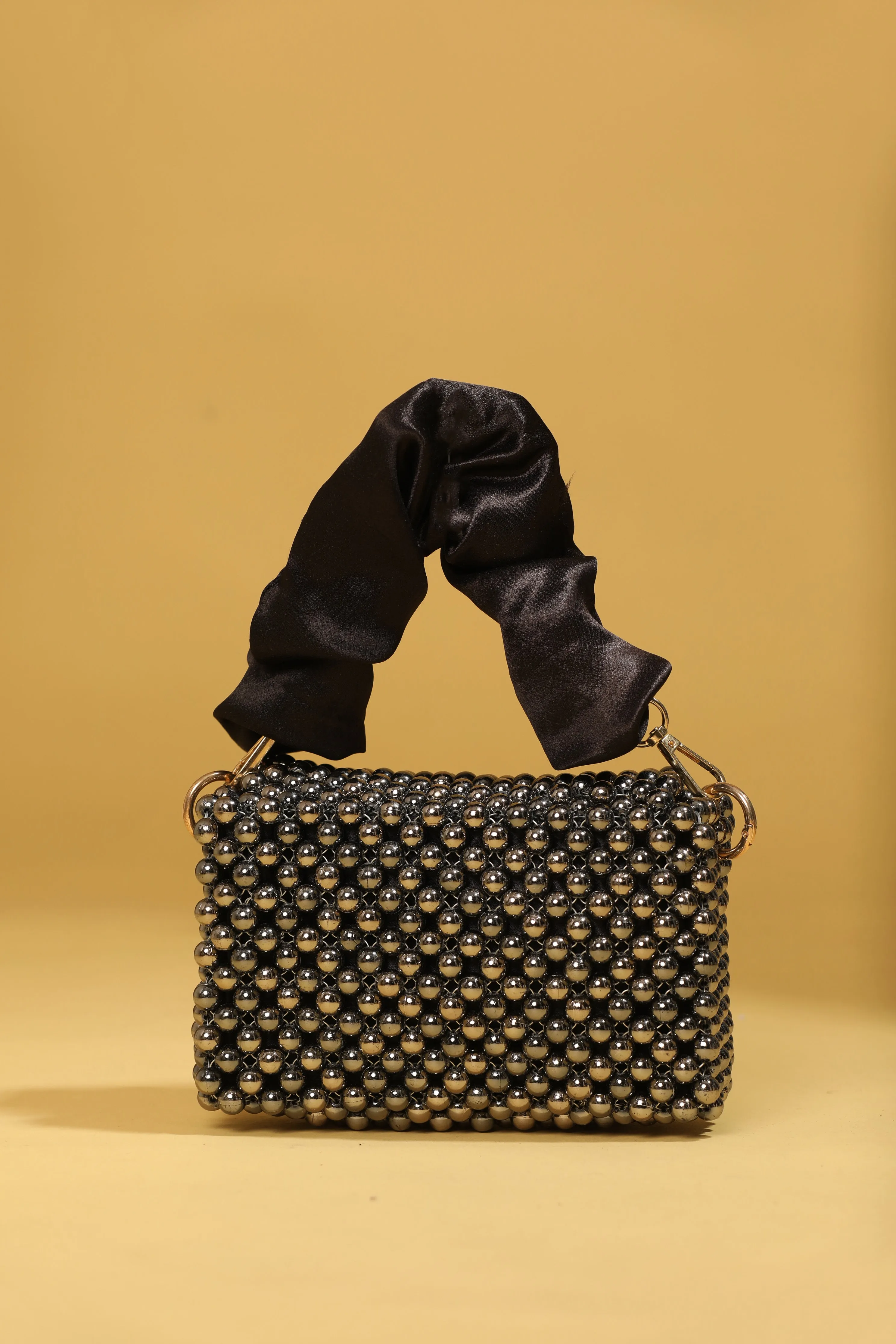 Mini Black Pearl Handbag with Satin Handle, Beaded Evening Bag for Women