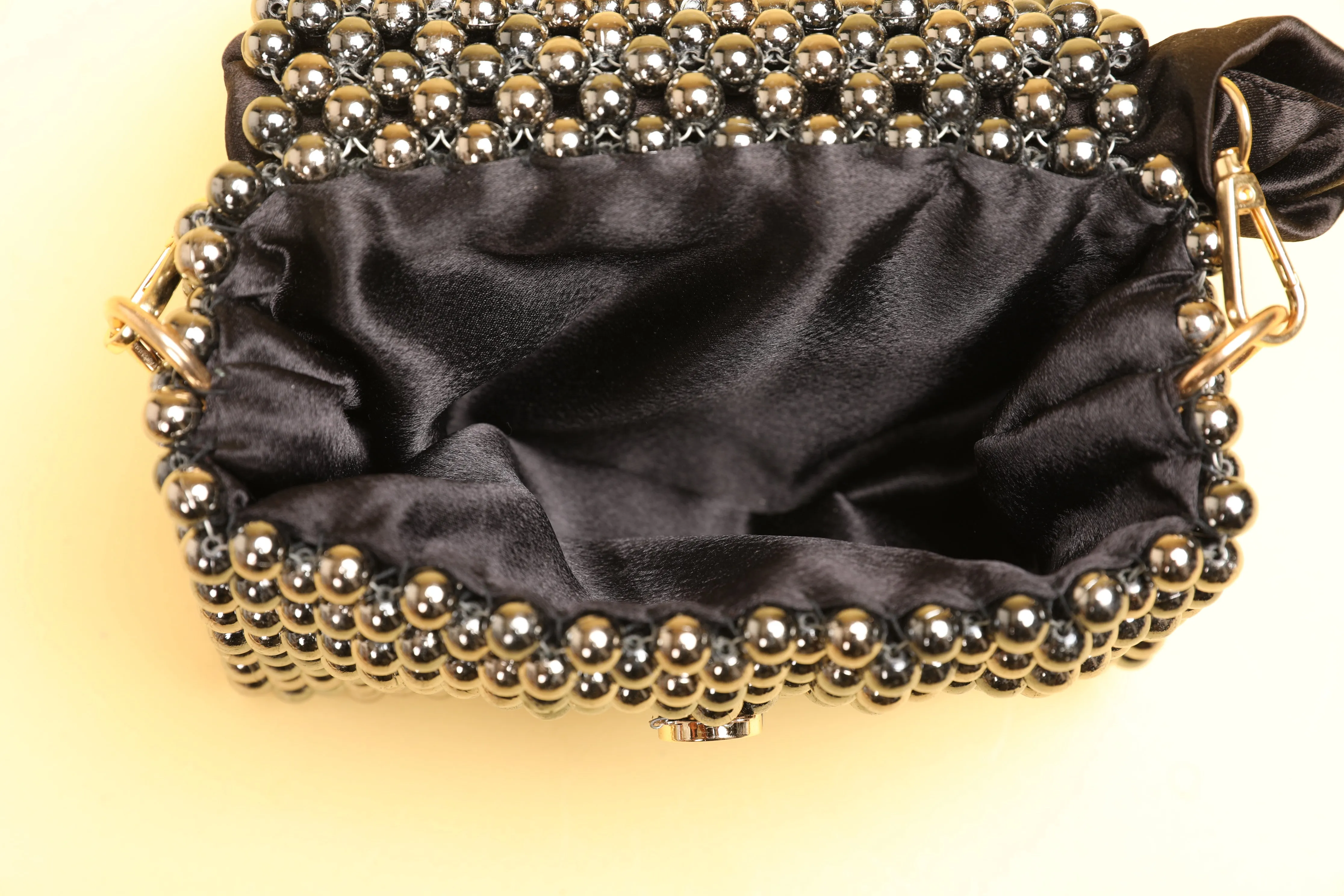 Mini Black Pearl Handbag with Satin Handle, Beaded Evening Bag for Women