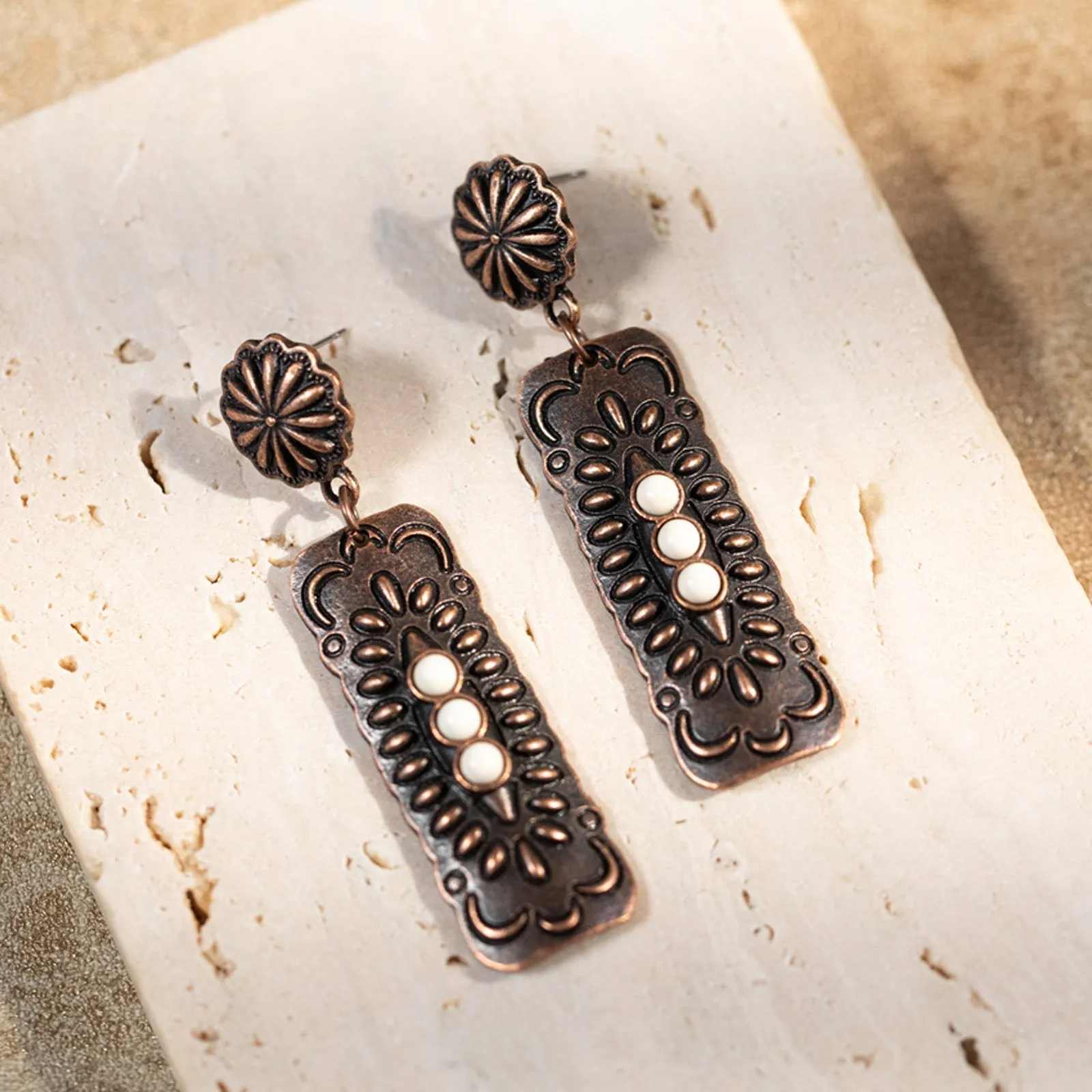 Rustic Couture Bohemian Antique Plated Natural Stone Dangle Earrings