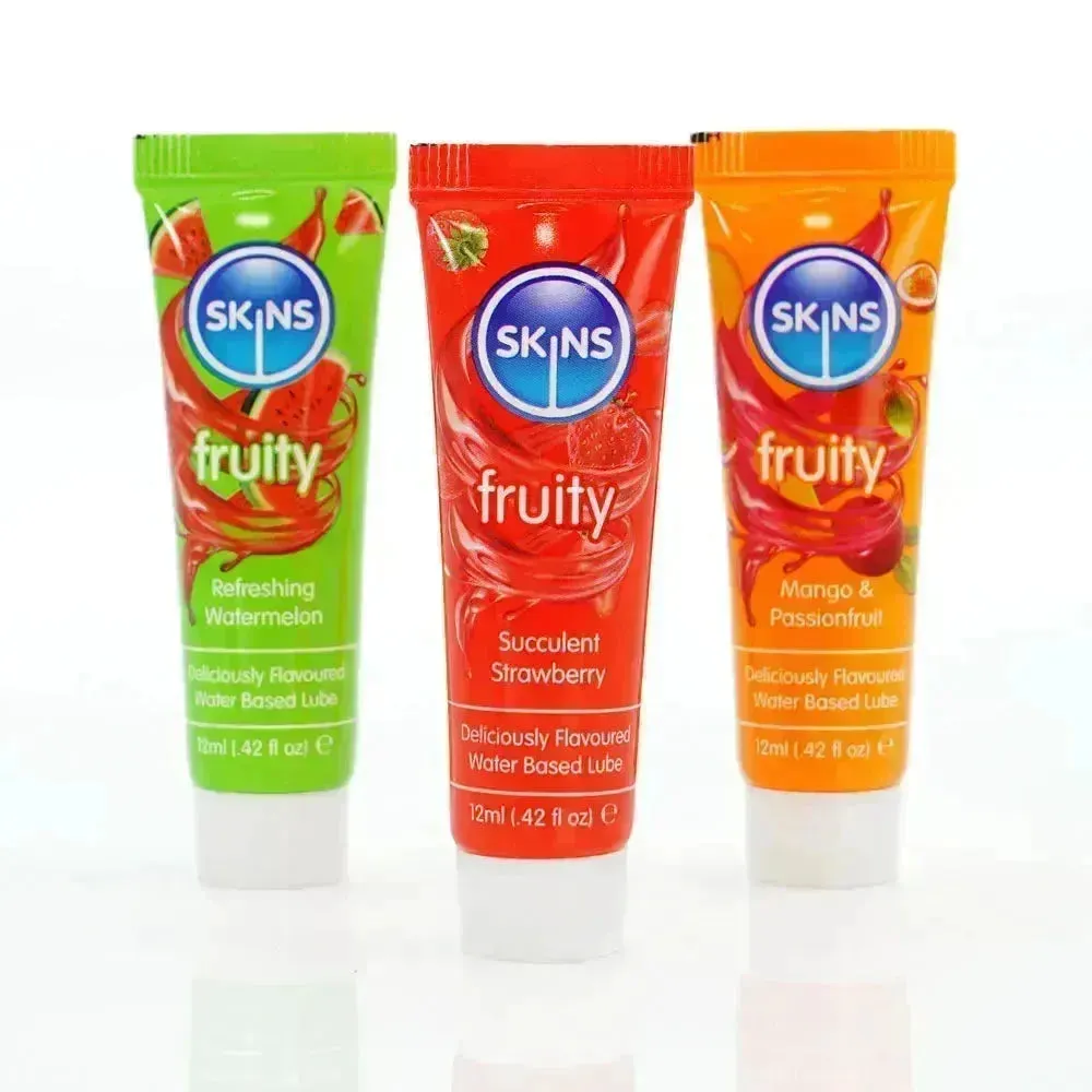 Skins Fruity Tubes - Watermelon, Strawberry, & Mango & Passionfruit Flavoured Lubricants - 12 ml Bottles