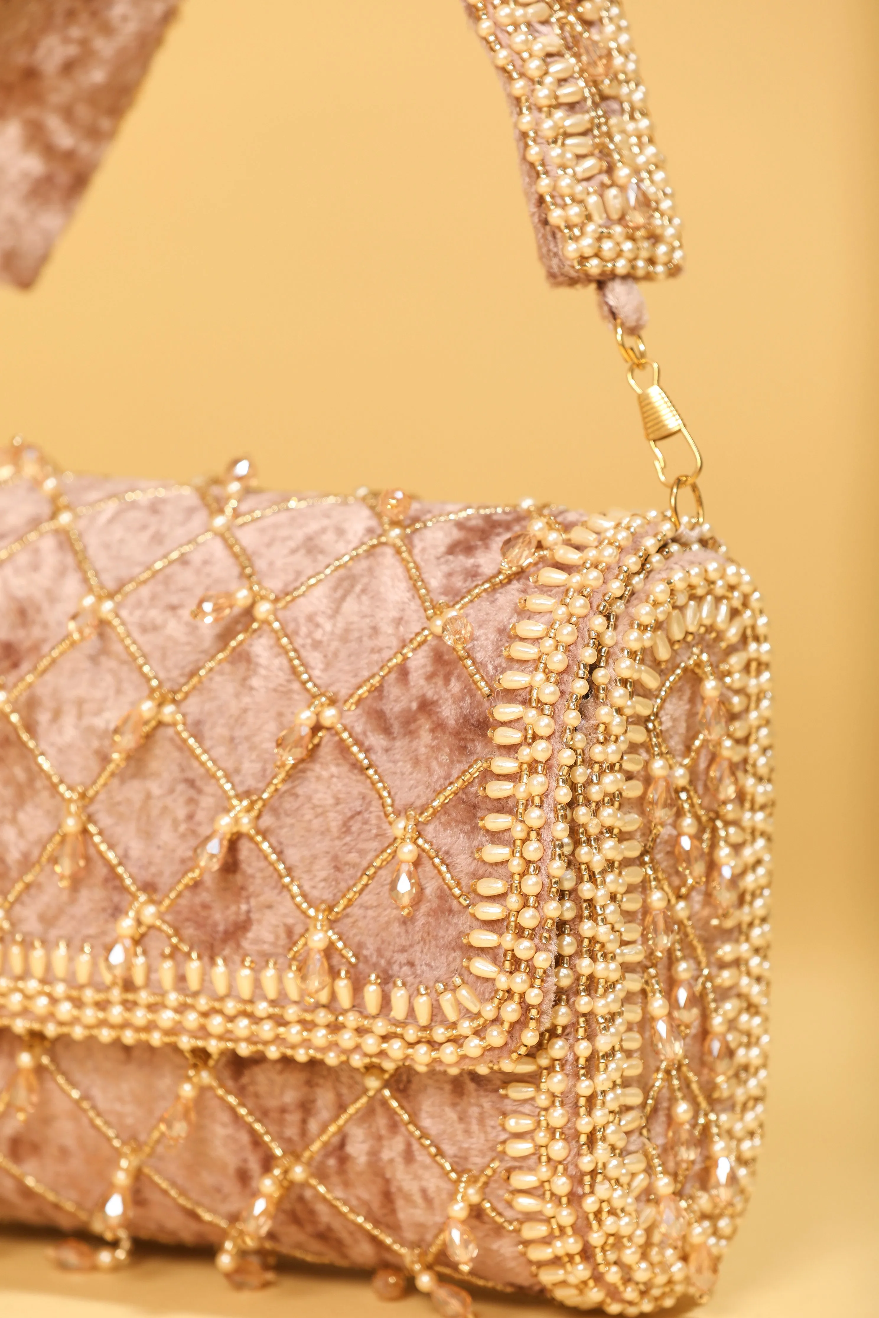 Velvet Flap Handbag with Crystal Tassel & Bead Embellishments
