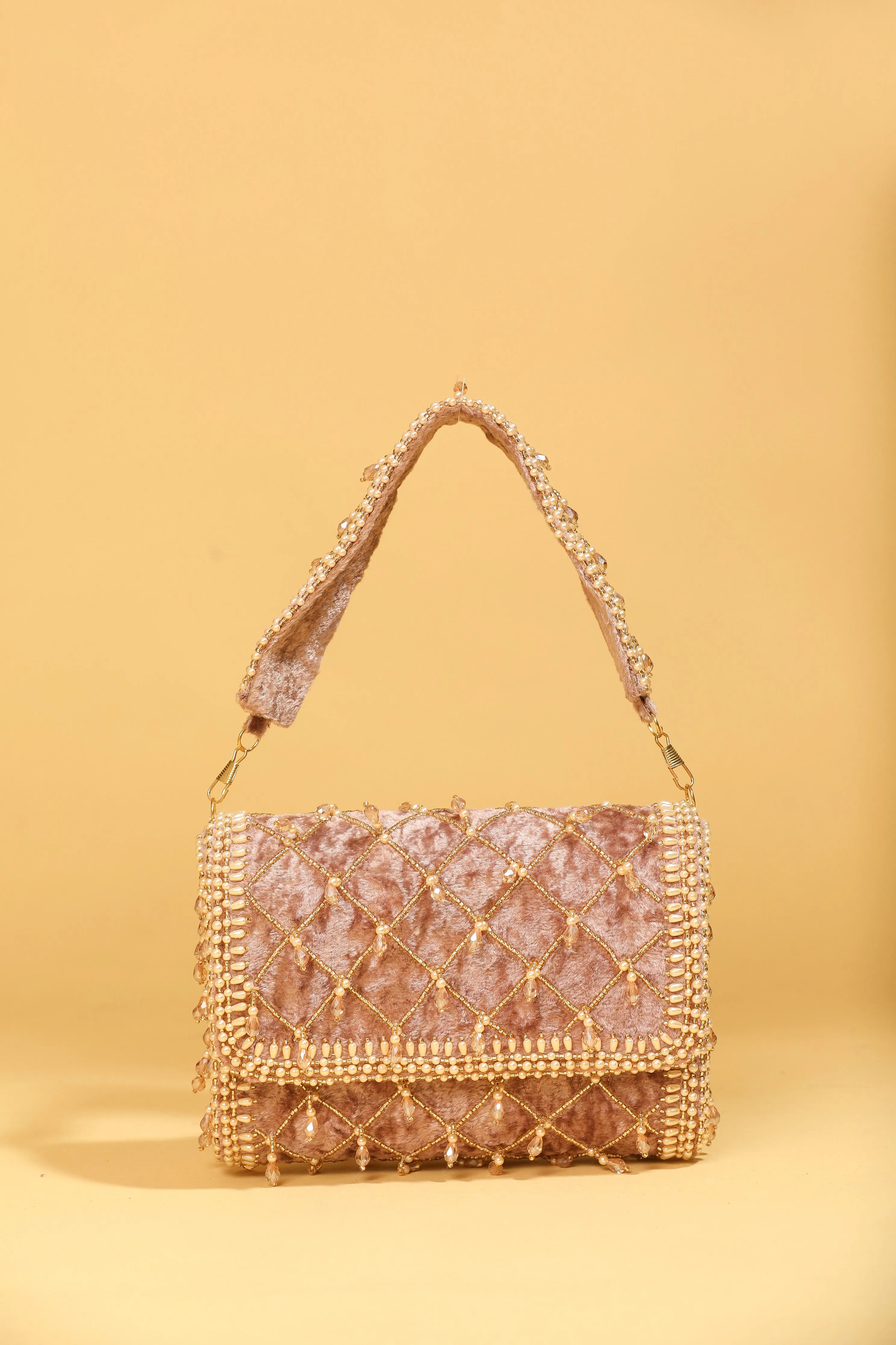 Velvet Flap Handbag with Crystal Tassel & Bead Embellishments