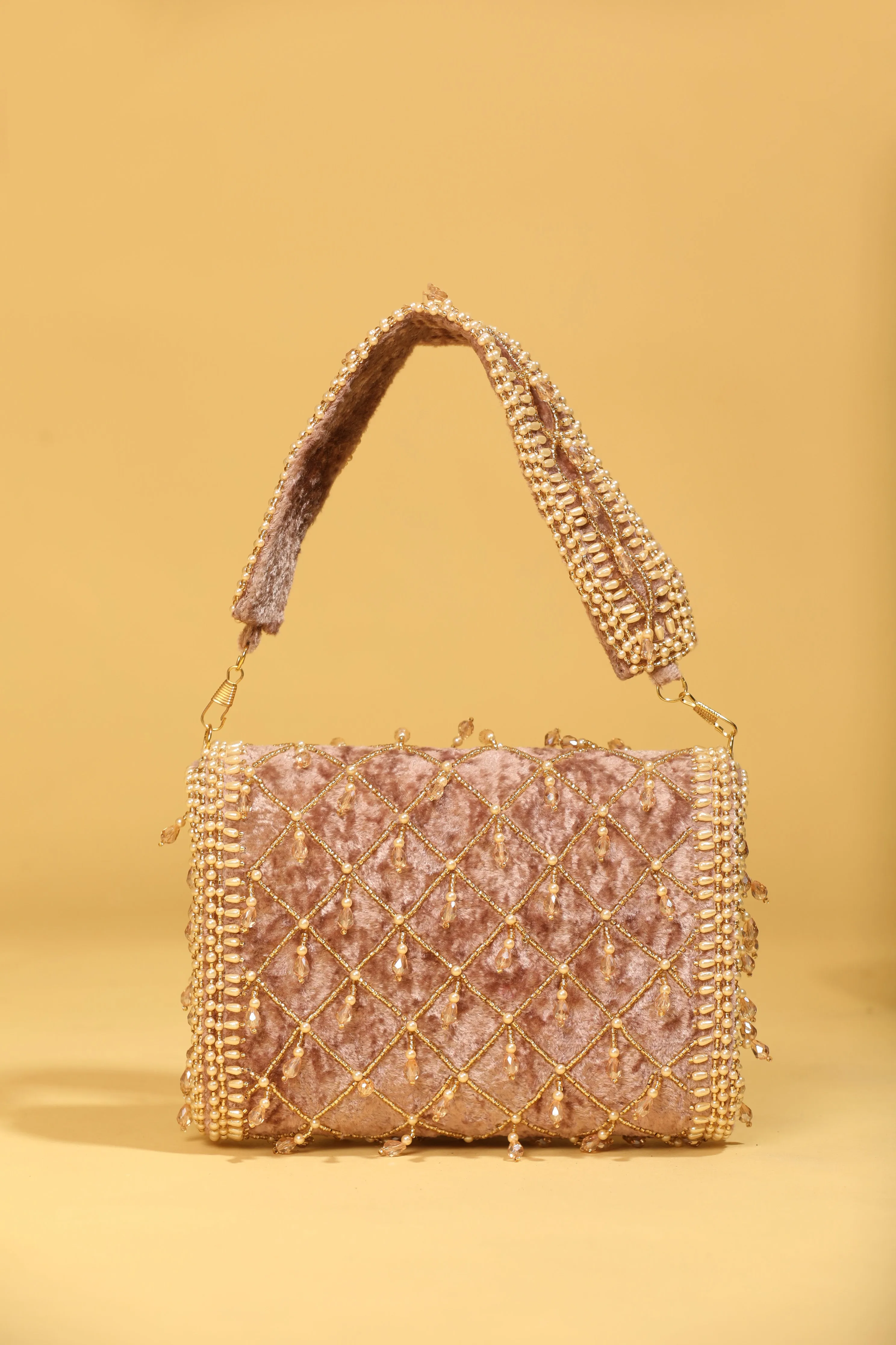 Velvet Flap Handbag with Crystal Tassel & Bead Embellishments